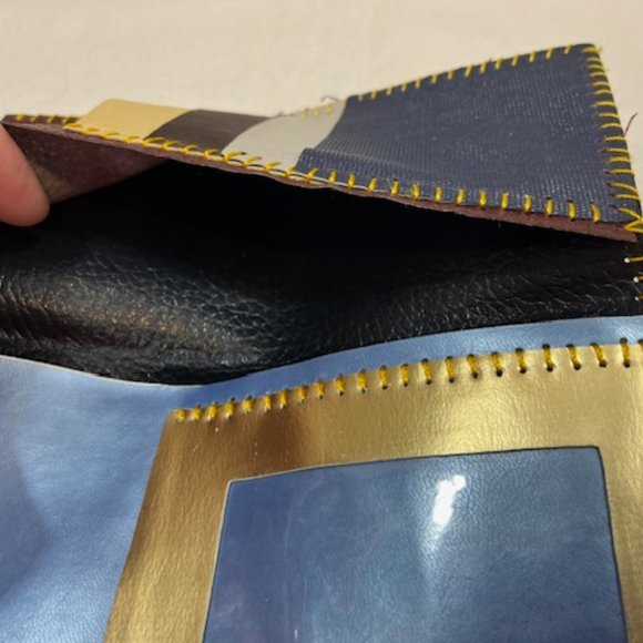 Handmade Pink Blue Leather Fabric FAITH Floral Wallet 3.75"x7.5" - Picture 7 of 9